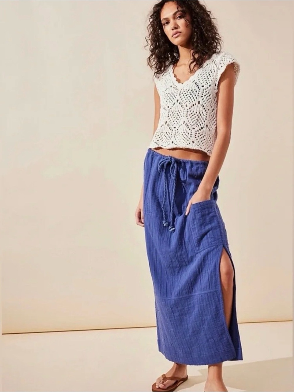 Free People In The Spotlight Bohemian Drawstring Cargo Midi Skirt Blue Cotton S